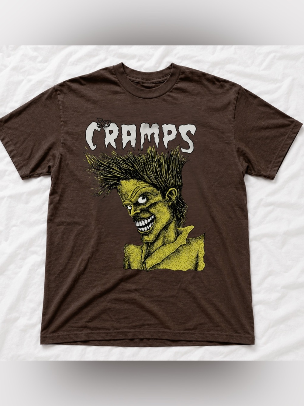 Dark Brown The Cramps Graphic Tee with Yellow Horror Illustration - Men’s Shirt